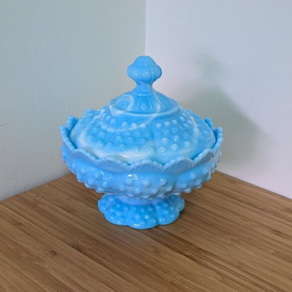Fenton Other - Fenton Blue White Marble Slag Hobnail Footed Covered Dish